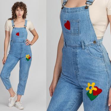 Vintage 90s Floral & Heart Patch Overalls - Petite XS | Girly Light Wash Blue Jean Overall Pants 