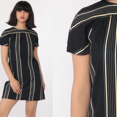 70s Mini Dress Black Striped Dress Mod Shift Boho Retro 80s Bohemian Minidress Vintage 1970s Gogo Short Sleeve Small 