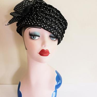 1960s Polka Dot Black and White Hat / 60s Mod Toque Hat Bow Ruffled Tiers / Frederique 
