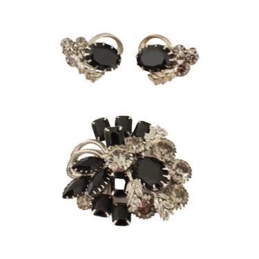 SIGNED Weiss Large Black Rhinestone Brooch &amp; Earring Set Demi Parure - 1950s Weiss Jewelry Set - 1950s Black Rhinestone Earrings and Brooch 