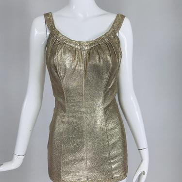 De Weese Designs 1950s Gold Metallic &amp; Rhinestone Pin Up Swimsuit 14/36