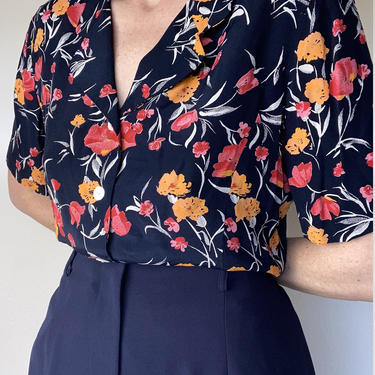vintage floral print short sleeved blouse size large 