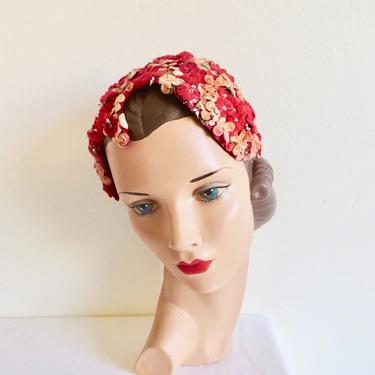 Vintage 1950's Red Orange Velvet Small Flowers Fascinator Hat Rockabilly Spring Summer 50's Millinery 