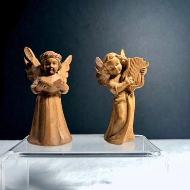 2 Vintage, Hand Carved Wood Angels - Caroler and Harp Player Figurines, Anri Italy, Christmas Miniature Ornaments, Depose, 