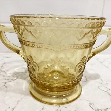 Vintage Vaseline Yellow Etched Glass Sugar Bowl with Double Handles, Mid Century Depression Glass by LeChalet