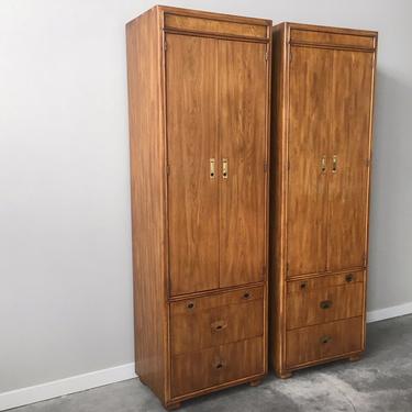 pair of vintage mid century Drexel Passage campaign nightstand tower cabinets.