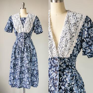 1990s Dress Blue Floral Cotton Full Skirt L 