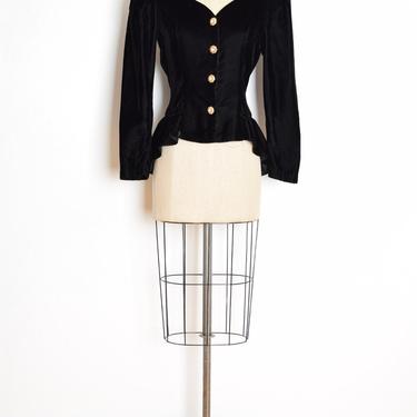 vintage 80s jacket black velvet fishtail ruffle blazer top button up S M clothing 