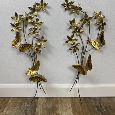 Vintage 1970s Brass and Copper 3D Butterfly Flowers Wall Sculptures Hangings 