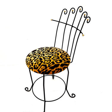 Vintage Hollywood Regency High Back Vanity Chair || Leopard Velvet Upholstery || Glam Black &amp; Gold Metal Mid-Century Accent/Boudoir Chair 