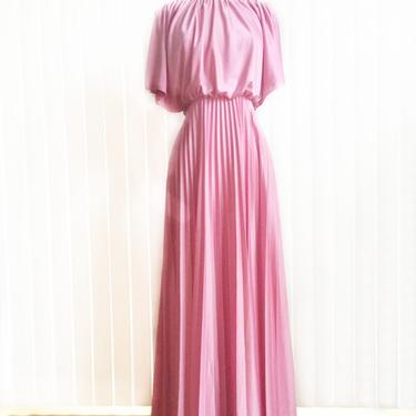 Vintage 70s rose ash cocktail dress/ accordion pleat 70s bridesmaid gown/ pastel pink cape style Grecian drape dress/ empire waist 