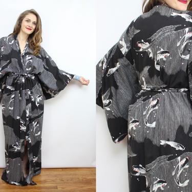 Vintage Black Koi Fish KImono / Vintage Cotton Kimono Robe / Women's Free Size / Open Size by Ru