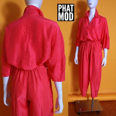Oversized Fit Bright Pink Vintage 80s Silk Two-Piece Pants & Top Set by Express 