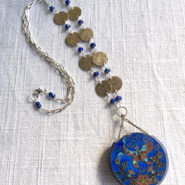 Constant Traveler [assemblage necklace: antique enamel pendant, hammered brass, lapis, sterling silver] 