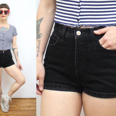 Vintage 90's Black High Waisted Denim Shorts / 1990's Black Jean Shorts / Women's Size Small / 26&amp;quot; Waist / 3&amp;quot; Inseam by Ru