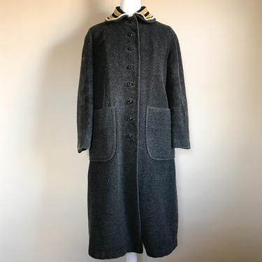 60s Charcoal Gray and Yellow Wool Coat with Striped Knit Collar 