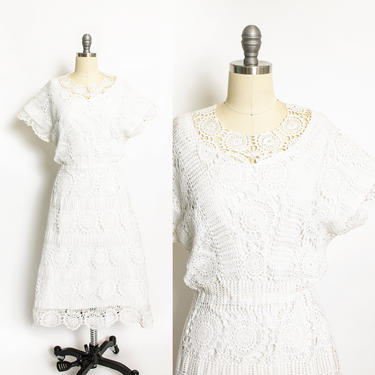 Vintage 1970s  Dress Cotton Crochet Lace Boho 70s Large OL 