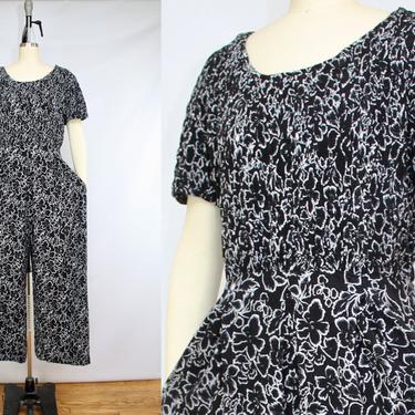 Vintage 90's Black and White Floral Wide Leg Jumpsuit / 1990's Floral Smocked Bodice Jumpsuit / Summer / Women's Size XL by Ru