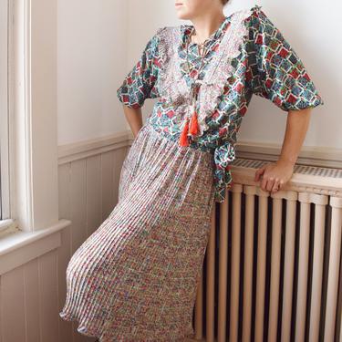 1980s Printed Plisse Dress Set | Diane Freis Style Dress | M/L 