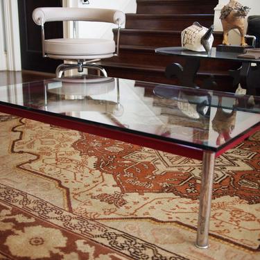 CASSINA Le Corbusier Low COFFEE TABLE, 31x47&amp;quot; Glass Top, 13&amp;quot;H, Red Frame Chrome Legs, Mid-Century Modern danish knoll eames era noguchi 