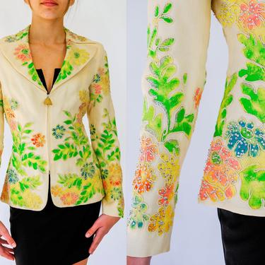 Vintage 70s Ted Lapidus Haute Couture Hand Painted Embellished Trim Zip Blazer | Made in France | Collectible | 1970s French Designer Jacket 