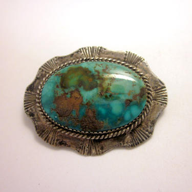 Vintage c. 1940s Navajo Southwestern Native American Artisan Sterling Silver Mottled Brown-Veined Turquoise Brooch Pin 