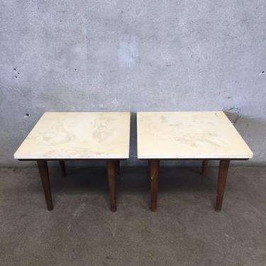 Pair of Mid Century Walnut and Marble Side / End Tables