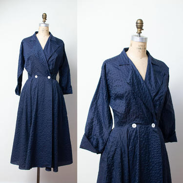 1950s Navy Blue New Look Dress / 50s Nylon Plisse Dress 
