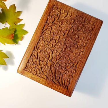 Vintage Handcarved Teak Wood Secret Trinket Box 