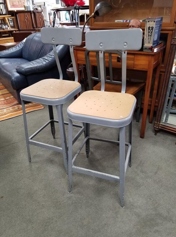                   Pair of vintage industrial counter height barstools