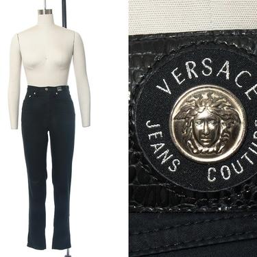 Vintage 1990s Jeans | 90s GIANNI VERSACE Medusa Jeans Couture Black Denim Skinny Jeans High Waisted Pants (small) 