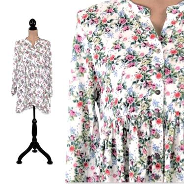 Long Sleeve Mini Babydoll Dress Women, White Floral Grunge, Rayon Button Up with Pink Roses Print, Short Flowy Loose Fit, Boho Clothing 