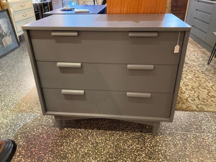 Mid century gray painted 3 drawer chest. 36” x 19” x 31”