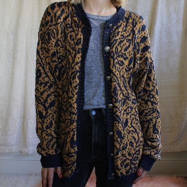 Vintage Gold &amp; Navy Patterned Cardigan Sweater Women's Size M 