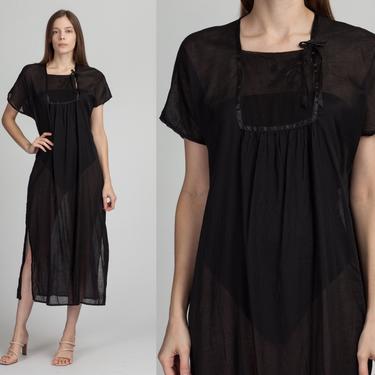 70s Sheer Black Maxi Lounge Dress - Medium | Vintage Boho Short Sleeve Nightgown 