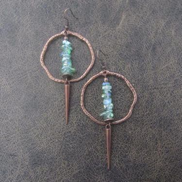 Hoop earrings, etched copper and green nugget, mid century modern earrings, bold statement earrings, artisan unique modern earrings 