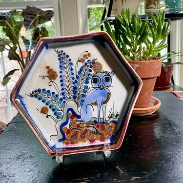 Vintage Ken Edwards Mexico Pottery Tray, Dish, Plate - Hexagon, Dog, Coyote, Flowers, Jewelry Crystal or Candle Tray, Handmade Handpainted 
