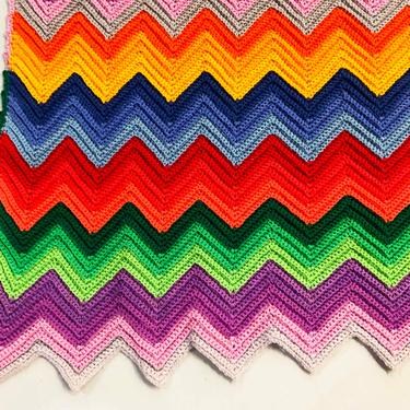 Vintage Rainbow Chevron Blanket Retro Throw Crochet Afghan 70s 1970s Zig Zag Colorful Color Handmade Kitschy Granny Grannycore 