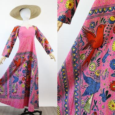 1970s MAMA CARLOTA mexico BIRD print dress xs | new spring 