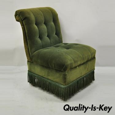 Antique Art Deco Green Velvet Mohair Rolled Back Fringed Slipper Lounge Chair