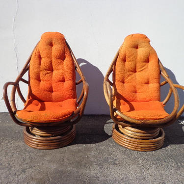 Pair of Chairs Rattan Swivel Rocker Rocking Chair Vintage Bohemian Boho Chic Beach Armchair Bentwood Faux Bamboo Furniture Accent Seating 