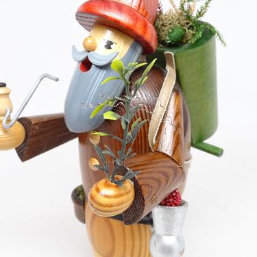 Vintage German Erzgebirge Gardener Smoker Incense Burner, Hand Painted Wood, Man with Pipe and Plants for Christmas 