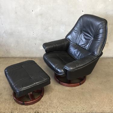 Mid Century Modern Scandinavian Leather Lounge Chair &amp; Ottoman