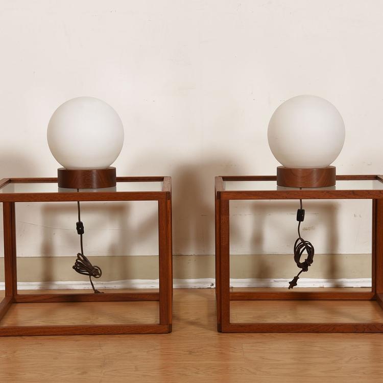 Pair of White Globe Table Lamps with Walnut Base