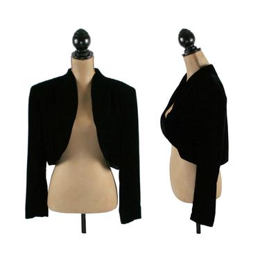 80s Black Velvet Bolero Jacket Large, Short Cropped Open Front with Shoulder Pads, 1980s Clothes for Women, Vintage Clothing  from A.J. Bari 