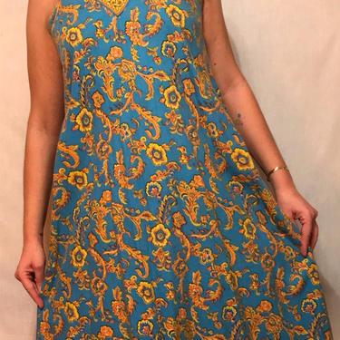 1970s Turquoise Linen Sundress/Tent Dress || Bold Floral Print w/Shoulder Button Detail || Sleeveless || Size S/M by CelosaVintage