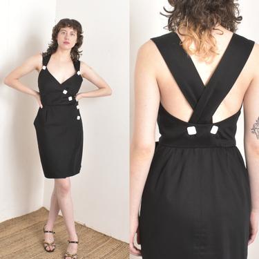 Vintage 1980s Dress / 80s YSL Cotton Cross Back Dress / Black White ( medium M ) 
