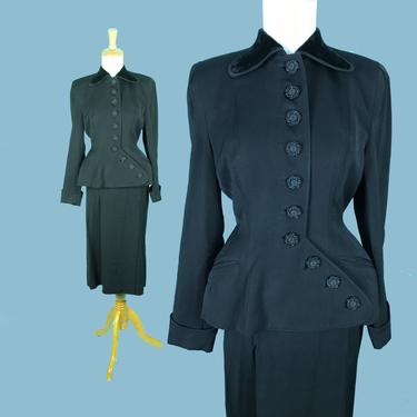 RARE Vintage 1940s 1950s Dress Suit Black Forstmann Wool, New Look Asymmetrical Closure Padded Hips Size S M 