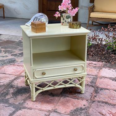Mid Century Ficks Reed Wood and Rattan Pale Yellow Nightstand with Fretwork Detail 