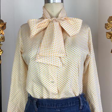 1960s blouse, polka dot blouse, vintage 60s shirt, pussy bow blouse, size medium, lady Manhattan, 36 bust, yellow and white, ascot tie neck 